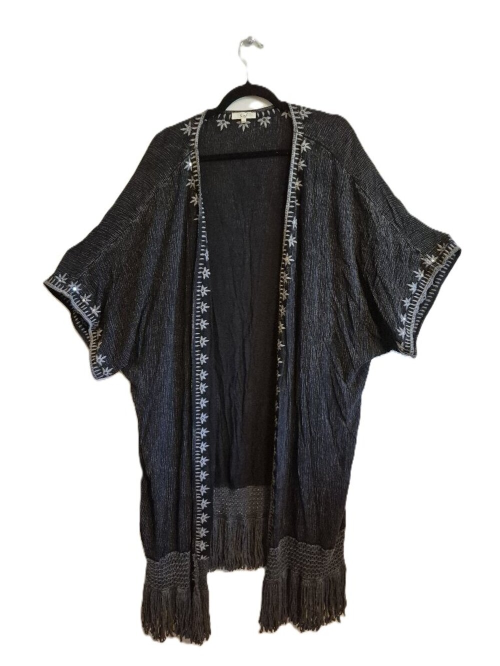 Easel Boho Hippie Chick Long Open Front Embroidered Fringe Duster